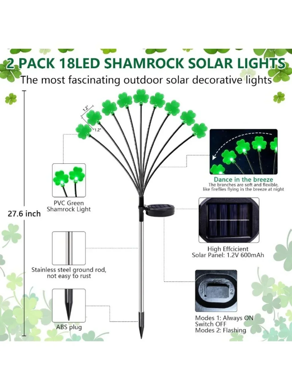 2 Pack St. Patrick's Day Solar Lights - 18 LED Green Shamrock Outdoor Decor